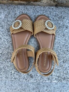 Madden Girl Tan Woven Pearl-Trim Slide Sandals